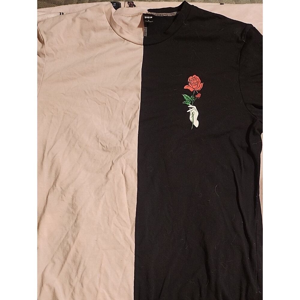 SHEIN Black & Light Pink Half-and-Half Tee with Rose Graphic